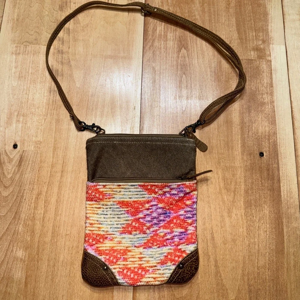 Myra Bag Small Crossbody Canvas Hair-on Hide Southwestern Boho Brown Multi-color